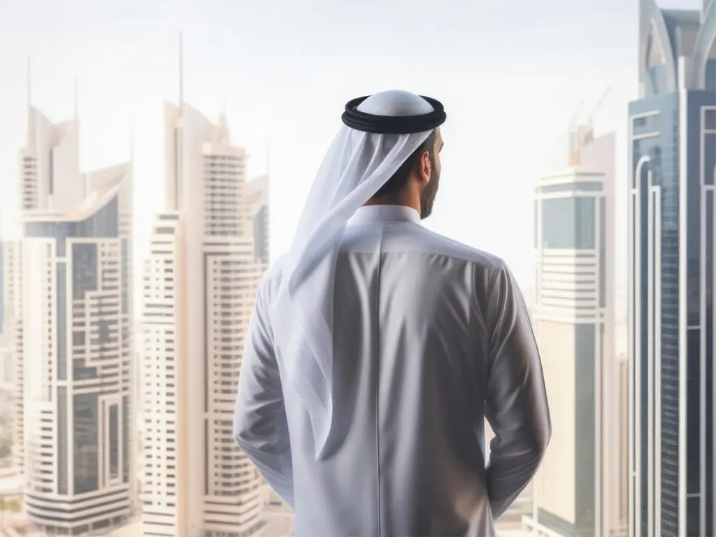 Emirati property owner overlooking Dubai's skyline
